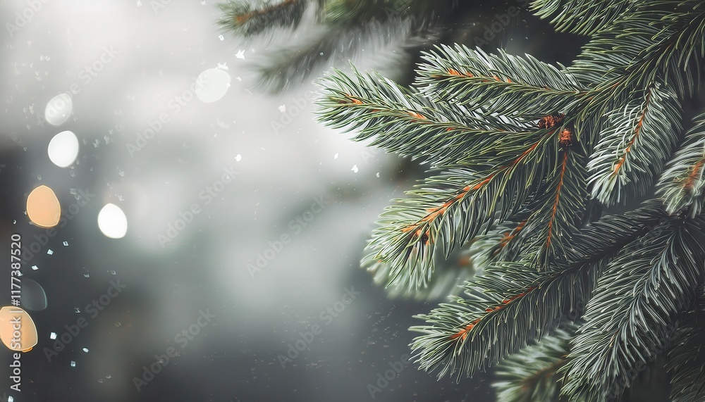 Poster Close-Up of Snow Covered Evergreen Pine Branches with Soft Bokeh Winter Lights in Background: Perfect for Seasonal Nature Photography

