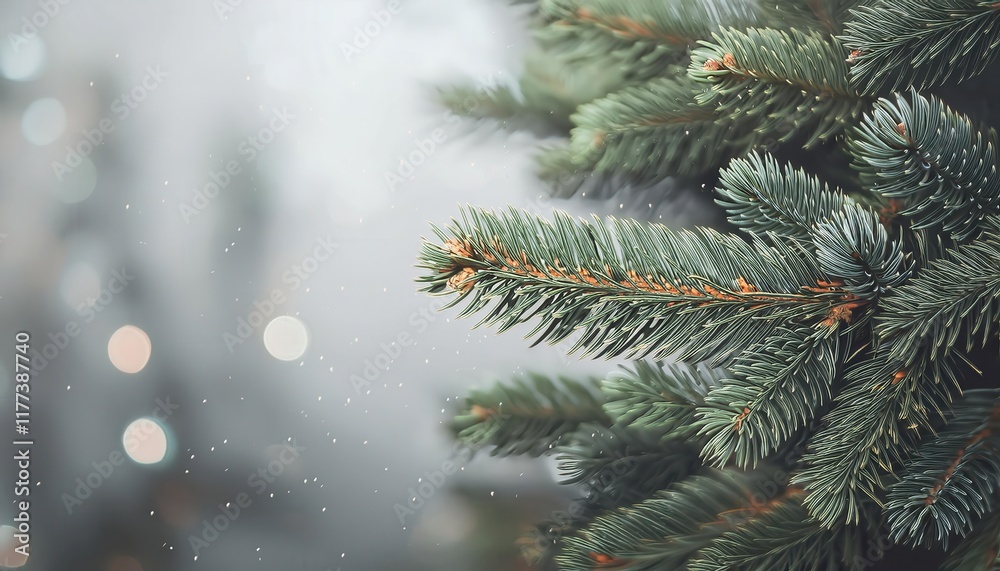 Poster Close-Up of Snow Covered Evergreen Pine Branches with Soft Bokeh Winter Lights in Background: Perfect for Seasonal Nature Photography

