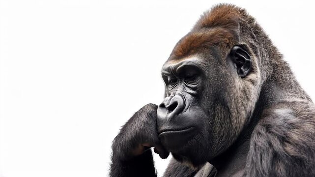 Majestic Gorilla Contemplating on White Background: A Powerful Symbol of Wildlife and Nature