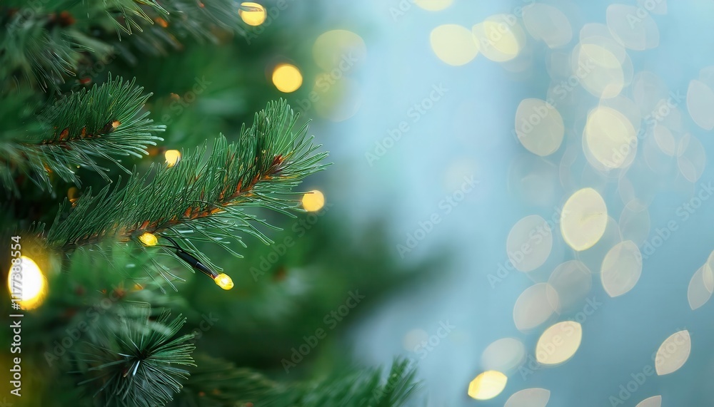 Poster Close-Up of Evergreen Fir Tree Branch with Soft Yellow Christmas Lights and Bokeh Background for Festive Holiday Decor Inspiration