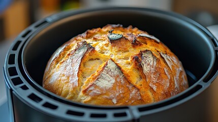 Freshly Baked Golden Brown Loaf of Bread Rising in Air Fryer with Perfectly Crisped Crust and Soft Interior Ideal for Culinary Photography