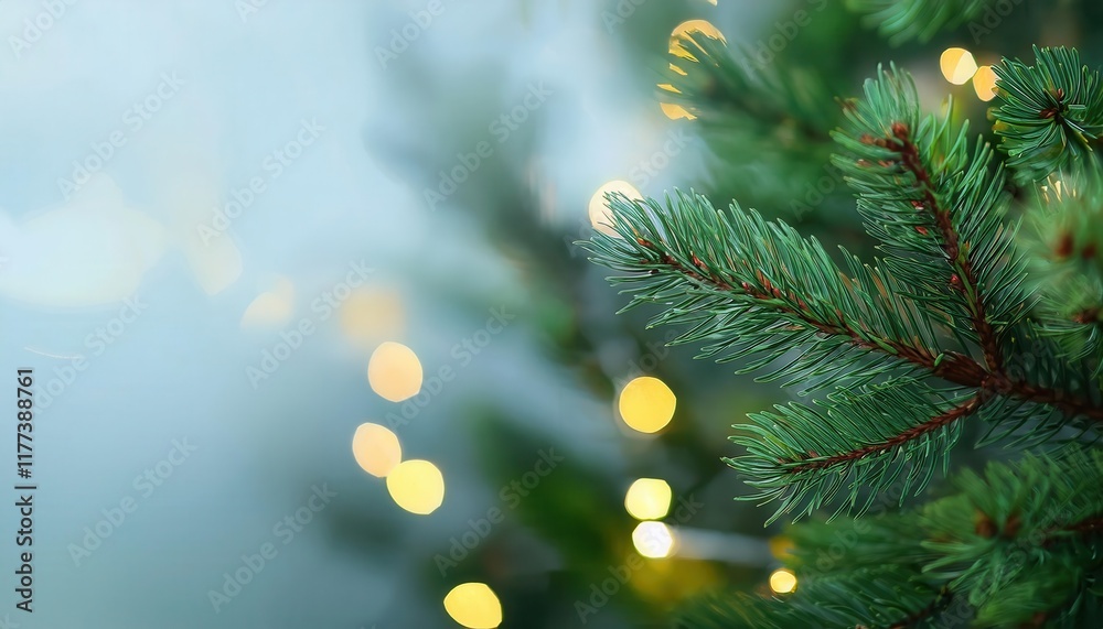 Poster Close-Up of Evergreen Fir Tree Branch with Soft Yellow Christmas Lights and Bokeh Background for Festive Holiday Decor Inspiration