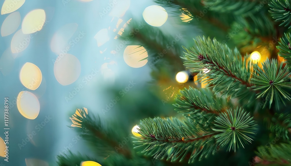 Poster Close-Up of Evergreen Fir Tree Branch with Soft Yellow Christmas Lights and Bokeh Background for Festive Holiday Decor Inspiration