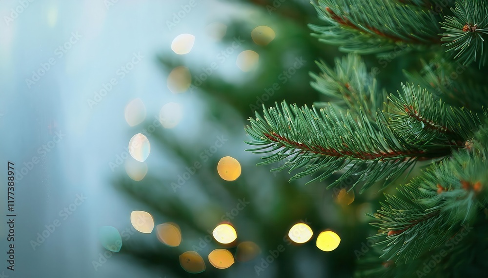 Poster Close-Up of Evergreen Fir Tree Branch with Soft Yellow Christmas Lights and Bokeh Background for Festive Holiday Decor Inspiration