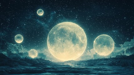 Multiple radiant orbs floating in the air over a peaceful night scene, stars sparkling in the distance, soft and magical lighting