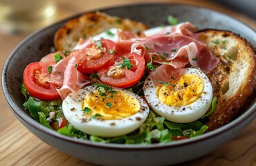 Fresh salad with halved eggs, tomato slices, prosciutto, and toasted bread on the side