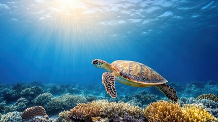 Obraz premium A turtle gliding through a crystal-clear ocean with an empty area of water above, ideal for text placement, surrounded by colorful coral