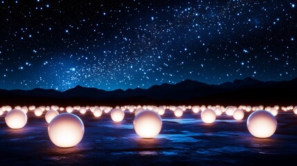 Fototapeta premium Mystical glowing spheres soar through a vast, star-speckled sky, casting an enchanting glow over a silhouetted landscape