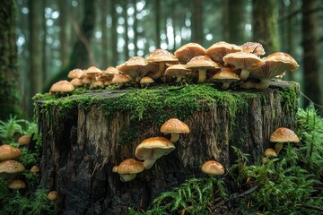 Fototapeta premium Mushrooms growing on mossy stump in dark forest with blurred trees background, potential nature wallpaper