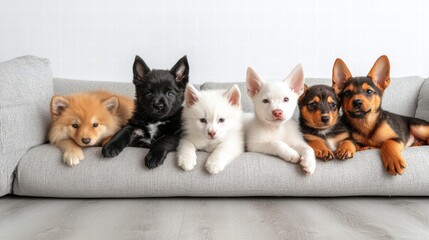 An animal shelter scene with a clean area of flooring or blank wall in the background, offering space for text, surrounded by happy pets and caring volunteers