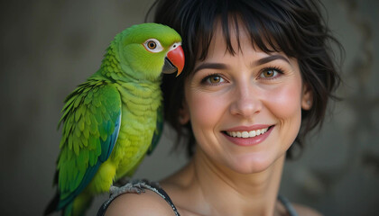 Beautiful smiling woman posing with her pet green parrot resting on her shoulder, capturing a heartwarming moment of companionship and connection between them.