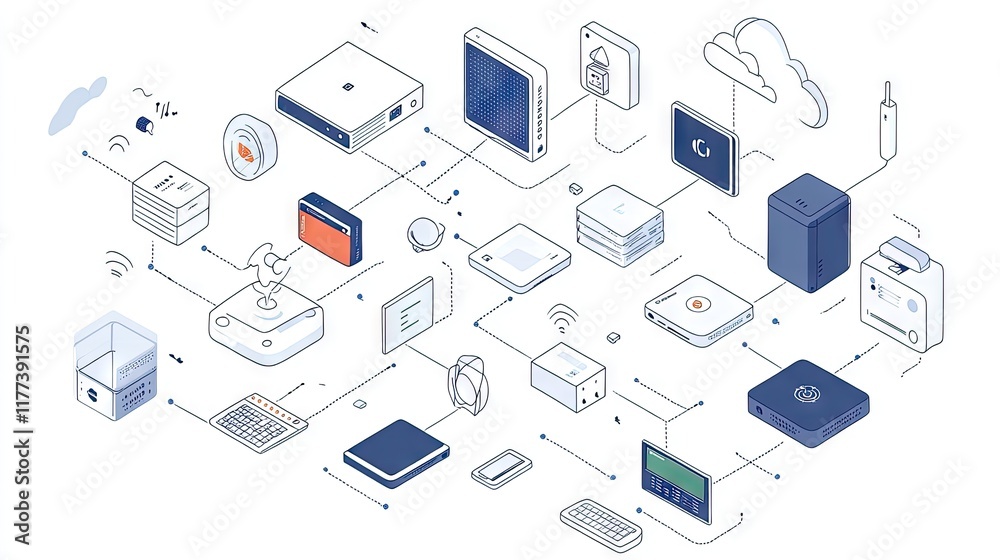 Poster cloud computing visualization featuring interconnected devices representing iot and digital storage 