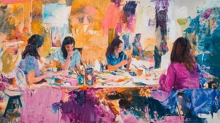Fototapeta premium Vibrant Scene of Women Engaged in Art Creation in a Colorful Studio Environment