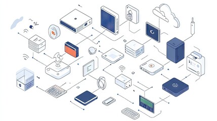 Fototapeta premium Cloud computing visualization featuring interconnected devices representing IoT and digital storage solutions.