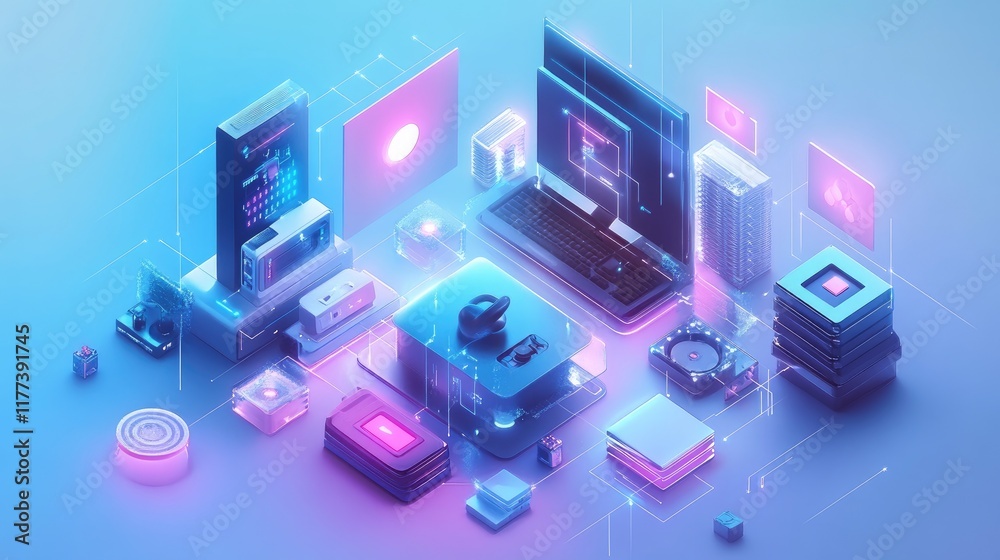 Aufkleber cloud computing visualization featuring interconnected devices representing iot and digital storage 