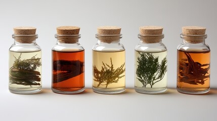Colorful herbal infusions in glass bottles, natural remedies and homeopathic treatments