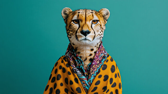 A striking cheetah dressed in a bold patterned scarf, posed against a vivid green background, providing ample copy space in the center