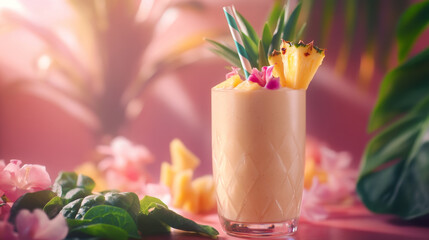 Refreshing smoothie with pineapple, spinach, and tropical flowers, served in glass. vibrant colors and lush background create cheerful atmosphere