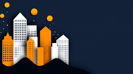 Fototapeta premium Night cityscape illustration. Orange and white buildings on a dark background with floating circles.