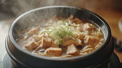 Steaming Bowl of Savory Noodle Soup with Meat and Vegetables