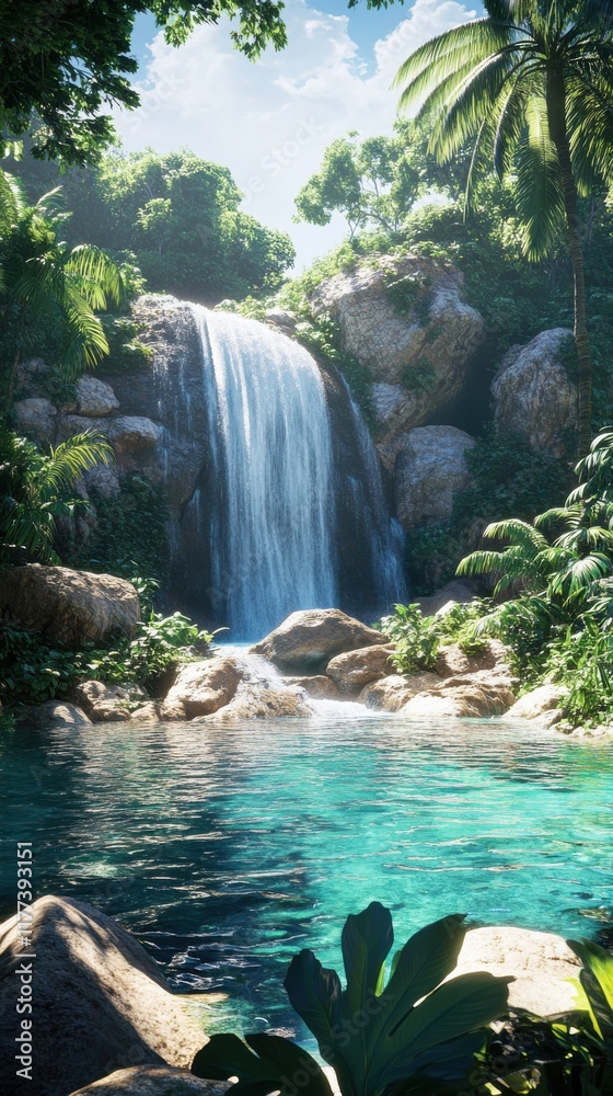Poster waterfall cascading into a serene pool surrounded by lush greenery in a tropical paradise during day
