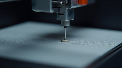 Close-up of a precision CNC machine performing detailed work on a textured surface, highlighting advanced manufacturing technology and industrial automation in action.