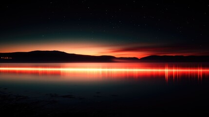 Fototapeta premium Fiery Sunset Landscape: Red Horizon, Starry Night, and Serene Lake Reflection