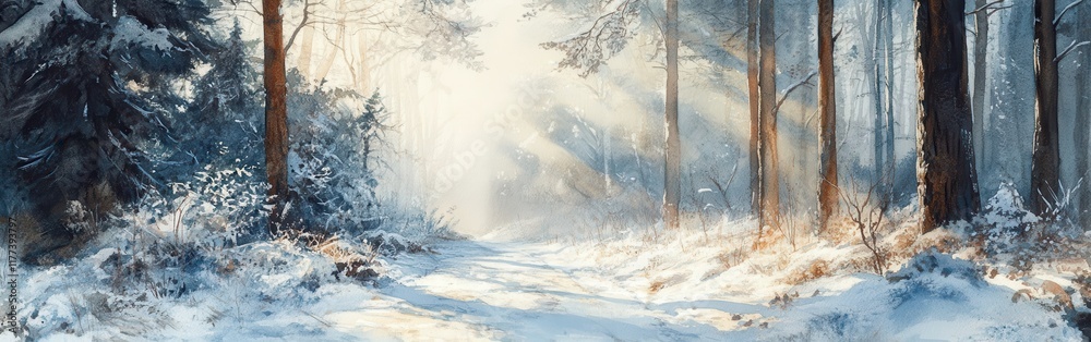 Poster beautiful winter landscape with sunlight filtering through trees in a snowy forest