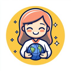 Kawaii Style Flat Vector Illustration of a Woman Holding a Globe in a Cheerful Pose