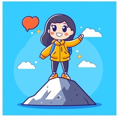 Kawaii Style Vector of a Woman Standing on a Mountain with Clouds and Heart Symbol