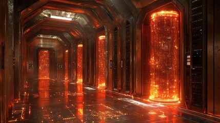 Fototapeta premium Glowing data cores in futuristic server room corridor with reflective floor and industrial background