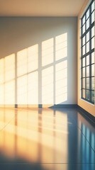 Warm sunlight streaming through large industrial windows casting geometric shadows on empty room floor, creating dramatic interplay of light and shadow at sunset hour