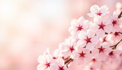 Close-up image of delicate pink cherry blossoms in full bloom against a blurred background.