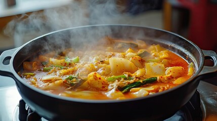 Steaming Spicy Kimchi Stew In A Black Pot