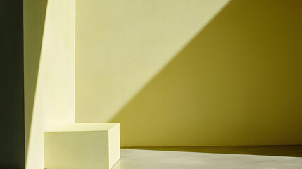 soft pastel yellow room with smooth surfaces and dramatic shadows creates serene atmosphere. interplay of light and color enhances tranquil vibe