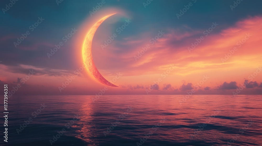 Poster a surreal crescent moon over a tranquil ocean at sunset, creating a dreamy atmosphere.