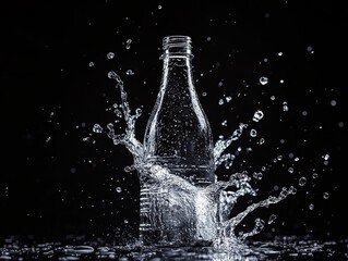 Dramatic Splash of Water from Glass Bottle Indoor Setting Photography Dark Environment Close-Up Fluid Motion