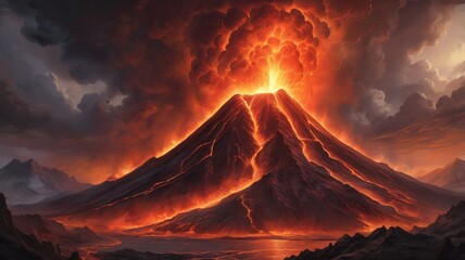 Erupting Volcano  Fiery Lava Flow  Dramatic Landscape
