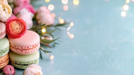 Heart-shaped macarons and pink ranunculus with fairy lights bokeh.