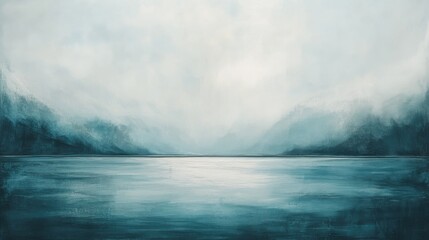 Fototapeta premium Muted teal and gray mist envelopes calm water reflecting gentle hues at dusk in a serene landscape