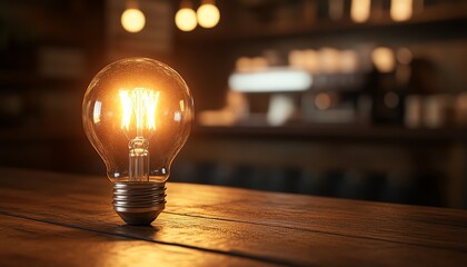 A smooth wood table top with a blurred cafe counter backdrop, highlighted by a glowing light bulb, ideal for showcasing designs or products in a visual montage