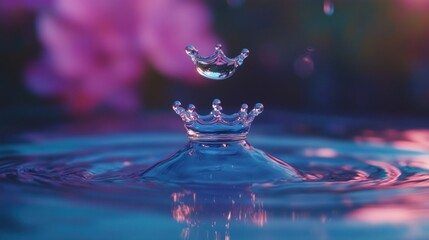 Water droplet crown splash, purple floral background, macro photography, website banner