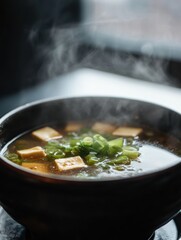 Steaming bowl of miso soup with green onions and tofu on a cool day in a cozy setting