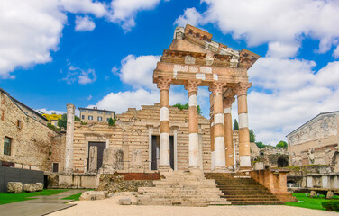 Ancient ruins of the Capitolium Roman Temple (Tempio Capitolino) in Brescia, Italy