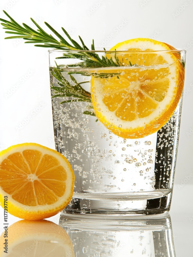 Poster refreshing glass of lemonade with lemon slices and a sprig of rosemary on a bright summer day