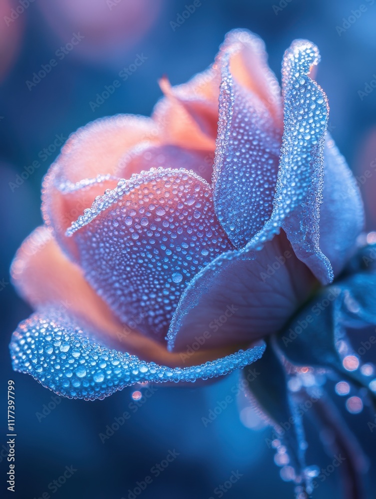 Poster close-up view of a blooming rose adorned with shimmering dew drops capturing the beauty of nature at