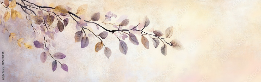 Poster cascading branches with muted gold and gentle hues creating a tranquil atmosphere in an abstract set