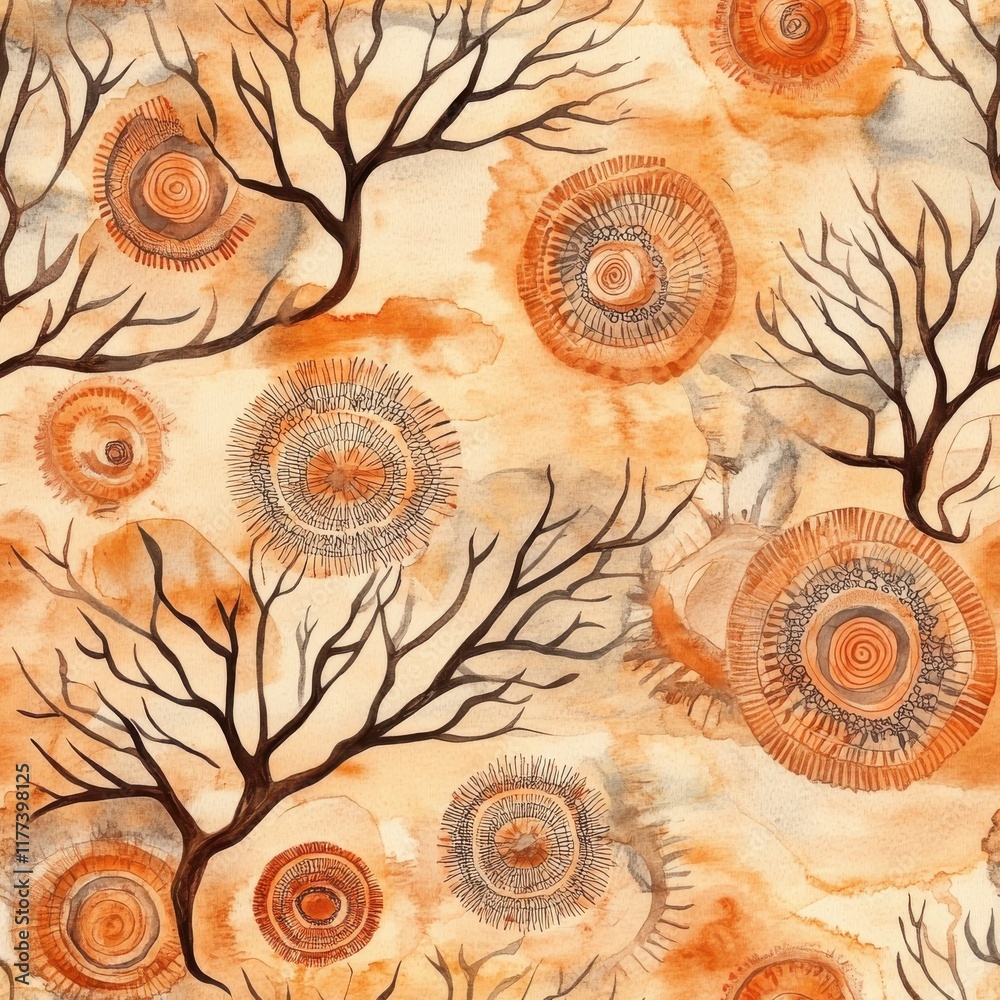 Poster intricate doodle cartoon drawing featuring swirling patterns and tree branches in warm earth tones