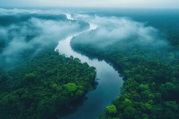 Obraz premium aerial drone photography of pristine amazon rainforest river winding through lush green canopy in morning mist, environmental conservation