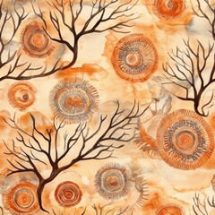 Intricate doodle cartoon drawing featuring swirling patterns and tree branches in warm earth tones